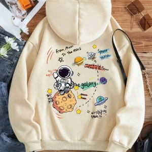Yasolin----Galaxy Özel Baskılı Oversize Kapüşonlu Sweatshirt Bej