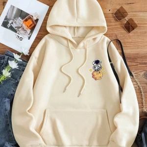 Yasolin----Galaxy Özel Baskılı Oversize Kapüşonlu Sweatshirt Bej