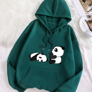 Yasolin----Haki PANDA Özel Baskılı Oversize Kapüşonlu Sweatshirt Haki