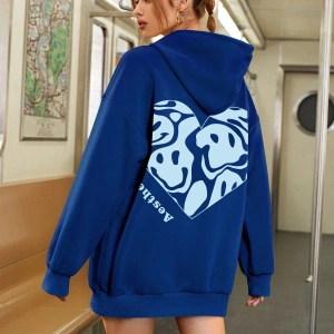 Yasolin----Kadın Aestheticism Baskılı Kapüşonlu Sweatshirt MAVİRENK