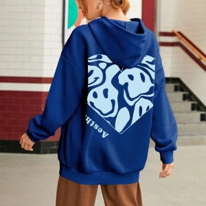 Yasolin----Kadın Aestheticism Baskılı Kapüşonlu Sweatshirt MAVİRENK