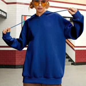 Yasolin----Kadın Aestheticism Baskılı Kapüşonlu Sweatshirt MAVİRENK