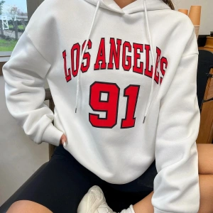 Yasolin----Kadın Beyaz Los Angeles 91 Baskılı Kapüşonlu Sweatshirt