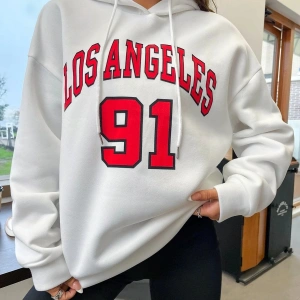 Yasolin----Kadın Beyaz Los Angeles 91 Baskılı Kapüşonlu Sweatshirt