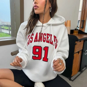 Yasolin----Kadın Beyaz Los Angeles 91 Baskılı Kapüşonlu Sweatshirt