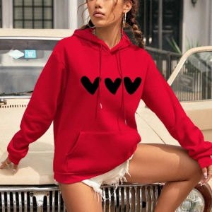 Yasolin----Kadın Kalp Baskılı Kapüşonlu Sweatshirt Kırmızı