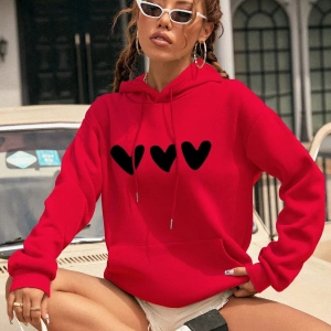 Yasolin----Kadın Kalp Baskılı Kapüşonlu Sweatshirt Kırmızı