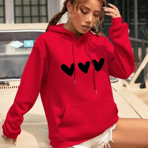 Yasolin----Kadın Kalp Baskılı Kapüşonlu Sweatshirt Kırmızı
