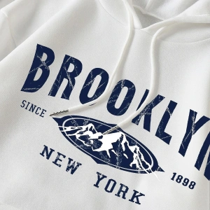 Yasolin----Unisex Beyaz Brooklyn Baskılı Kapüşonlu Sweatshirt