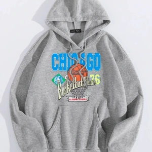 Yasolin----Unisex Chicago76 Baskılı Oversize Kapüşonlu Sweatshirt Gri