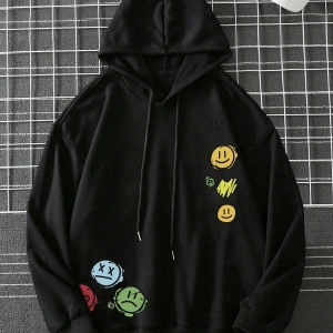 Yasolin----Unisex Emoji Özel Baskılı Kapüşonlu Oversize Sweatshirt Siyah