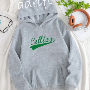 Yasolin----Unisex Oversize Kapüşonlu Kanguru Cepli Celttics Baskılı Gri