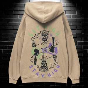 Yasolin----Unisex Oversize Kapüşonlu Kanguru Cepli Get High Stay High Baskılı Sweatshirt Hoodie Bej