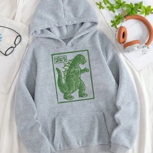 Yasolin----Unisex Oversize Kapüşonlu Kanguru Cepli Goodzila Baskılı Gri