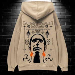 Yasolin----Unisex Oversize Kapüşonlu Kanguru Cepli Open Your Baskılı Sweatshirt Hoodie Bej