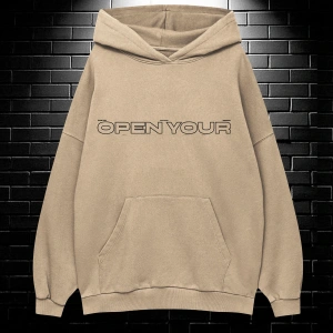 Yasolin----Unisex Oversize Kapüşonlu Kanguru Cepli Open Your Baskılı Sweatshirt Hoodie Bej