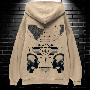 Yasolin----Unisex Oversize Kapüşonlu Kanguru Cepli Resro Futurısm Baskılı Sweatshirt Hoodie Bej