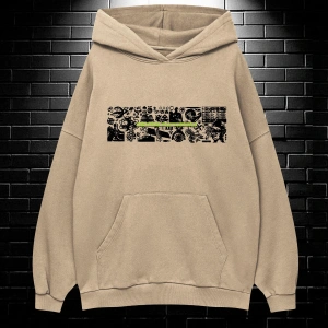 Yasolin----Unisex Oversize Kapüşonlu Kanguru Cepli Resro Futurısm Baskılı Sweatshirt Hoodie Bej