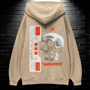 Yasolin----Unisex Oversize Kapüşonlu Kanguru Cepli Scaryskul Baskılı Sweatshirt Hoodie Bej