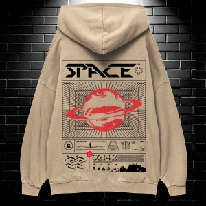 Yasolin----Unisex Oversize Kapüşonlu Kanguru Cepli Space Worldred Baskılı Sweatshirt Hoodie Bej