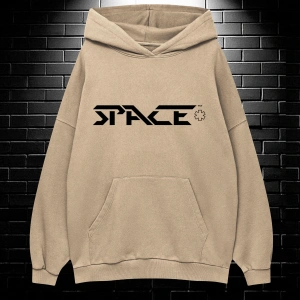 Yasolin----Unisex Oversize Kapüşonlu Kanguru Cepli Space Worldred Baskılı Sweatshirt Hoodie Bej