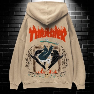 Yasolin----Unisex Oversize Kapüşonlu Kanguru Cepli Thrasher Baskılı Sweatshirt Hoodie Bej