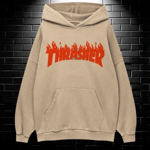 Yasolin----Unisex Oversize Kapüşonlu Kanguru Cepli Thrasher Baskılı Sweatshirt Hoodie Bej