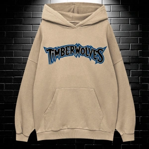 Yasolin----Unisex Oversize Kapüşonlu Kanguru Cepli Timberwolves Baskılı Sweatshirt Hoodie Bej