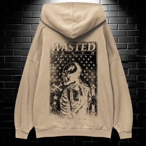 Yasolin----Unisex Oversize Kapüşonlu Kanguru Cepli Wasted Baskılı Sweatshirt Hoodie Bej