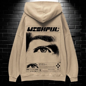 Yasolin----Unisex Oversize Kapüşonlu Kanguru Cepli Wıshful Baskılı Sweatshirt Hoodie Bej