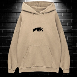Yasolin----Unisex Oversize Kapüşonlu Kanguru Cepli Wıshful Baskılı Sweatshirt Hoodie Bej