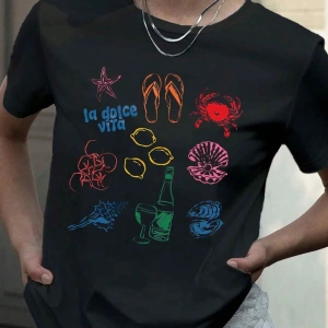 Yaz Kadın Bol Tişört, Balık Desenli, %100 Pamuklu Beyaz Kısa Kollu Grafik Kısa Kollu