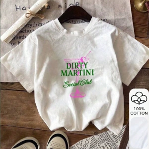 Yaz Kadın Bol Tişört, Dirty Martini Social Club Baskılı, Pamuklu, Beyaz Kısa Kollu, Grafik Ti