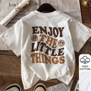Yaz Kadın Bol Tişört, Enjoy The Little Thing Baskılı, %100 Pamuklu Beyaz Kısa Kollu Grafik Ti