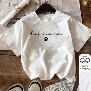 Yaz Kadın Bol Tişört, Köpek Mama Yazılı Baskı, %100 Pamuk Beyaz Kısa Kollu Desen Kısa Kollu