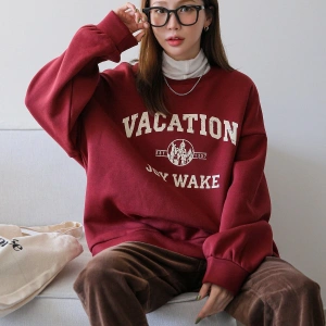 Yazılı Grafik Düşük Omuz Termal Tişörtsüz Sweat Bordo