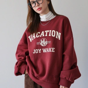 Yazılı Grafik Düşük Omuz Termal Tişörtsüz Sweat Bordo