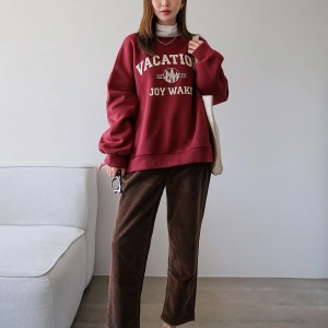 Yazılı Grafik Düşük Omuz Termal Tişörtsüz Sweat Bordo