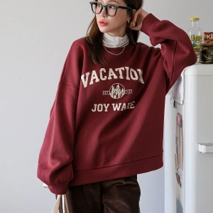 Yazılı Grafik Düşük Omuz Termal Tişörtsüz Sweat Bordo