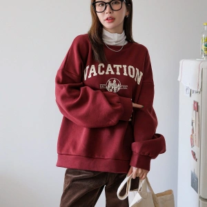 Yazılı Grafik Düşük Omuz Termal Tişörtsüz Sweat Bordo