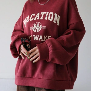 Yazılı Grafik Düşük Omuz Termal Tişörtsüz Sweat Bordo