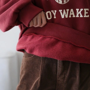 Yazılı Grafik Düşük Omuz Termal Tişörtsüz Sweat Bordo