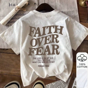 Yazlık Kadın Bol Tişört, FAITH OVER FEAR Yazılı Baskı, %100 Pamuk, Beyaz Kısa Kollu Grafik Ti