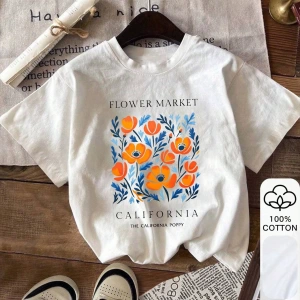 Yazlık Kadın Bol Tişört, FLOEWR MAKER ve Çiçek Baskılı, %100 Pamuk, Beyaz Kısa Kollu Grafik T