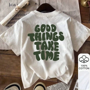 Yazlık Kadın Bol Tişört, GOOD HINGS TAKE TIMES Yazılı Baskı, %100 Pamuk Beyaz Kısa Kollu Graf
