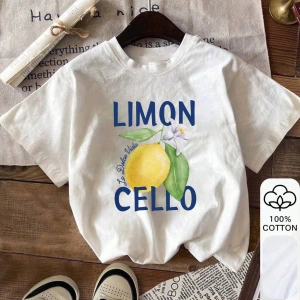 Yazlık Kadın Bol Tişört, LIMON CELLO& Limon Desenli, Pamuklu, Beyaz Kısa Kollu Grafik Tişört