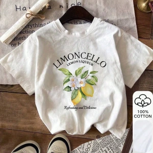 Yazlık Kadın Bol Tişört, LIMONCELLO ve Limon Desenli, %100 Pamuk, Beyaz Kısa Kollu Grafik Tiş