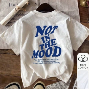 Yazlık Kadın Bol Tişört, NOT IN THE MOOD Yazılı Baskı, %100 Pamuk, Beyaz Kısa Kollu, Grafik T