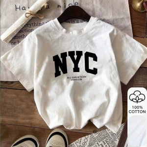 Yazlık Kadın Bol Tişört, NYC Yazı Baskılı, Pamuklu, Beyaz Kısa Kollu, Grafik Tişört