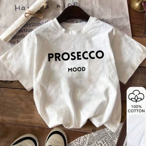 Yazlık Kadın Bol Tişört, PROSECCO Yazılı Baskı, %100 Pamuk, Beyaz Kısa Kollu Grafik Tişört